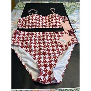 2pc Juicy Couture Red White Cami Bra Top High Waisted Swim Bottoms Sz L